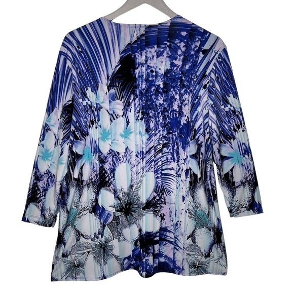 Chicos Easy Wear Open Front Cardigan Size L Packable Blue Black Tropical Print - Picture 2 of 10